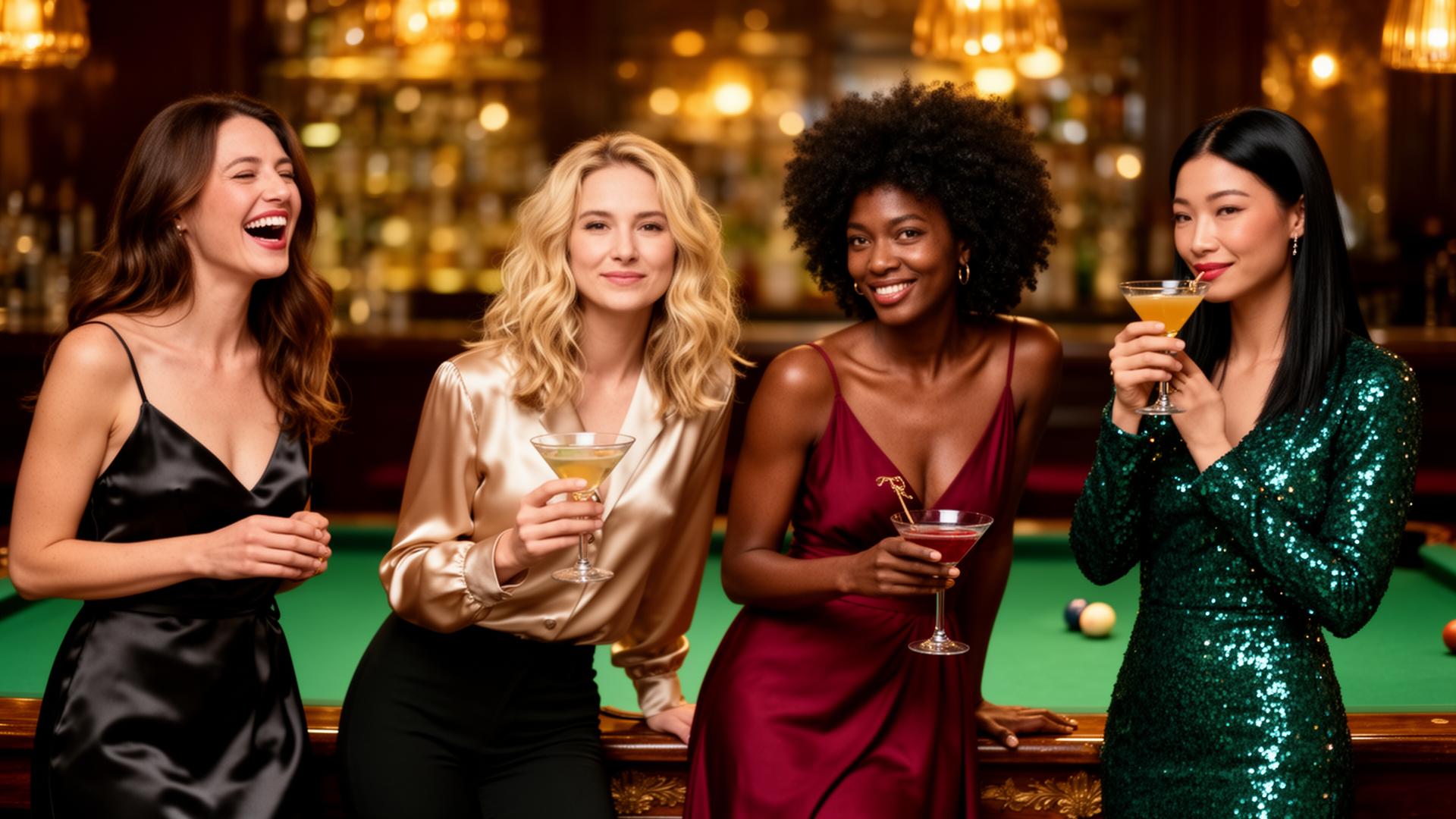 Classy women enjoying drinks at a luxury bar with pool table